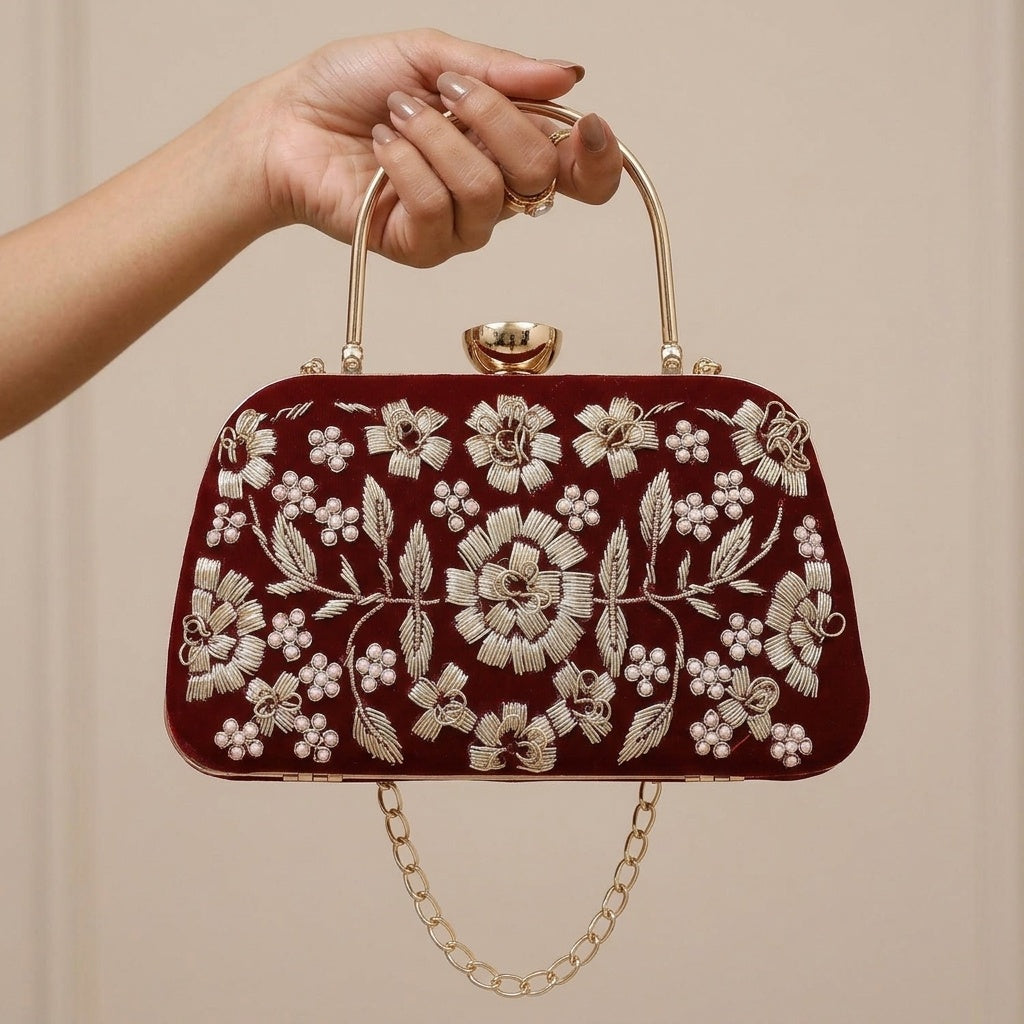Ahalya Maroon — Velvet Embroidered Clutch - Front View | SWIS-1034
