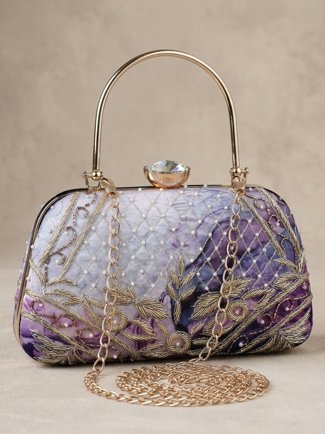Lavanya — Satin Printed Embroidered Clutch - Front View | SWIS-1036