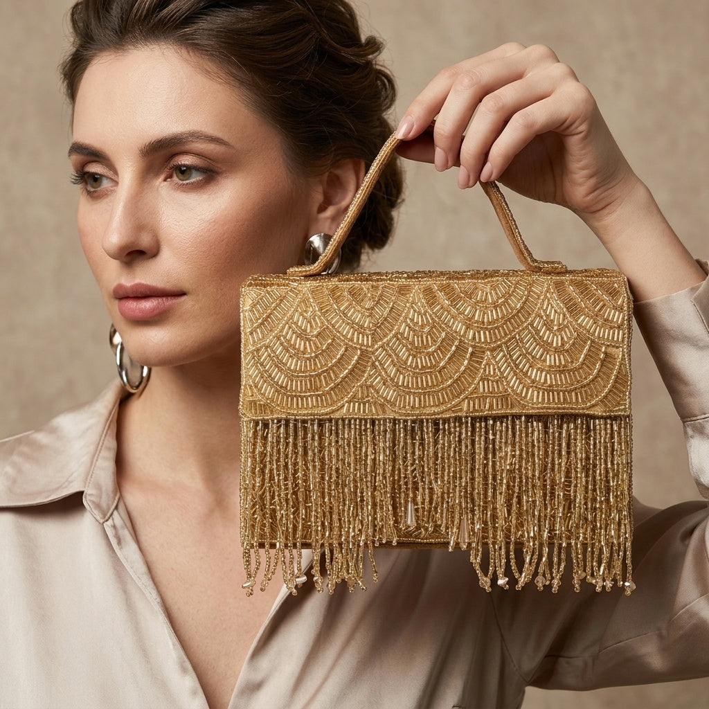 Banhi Golden — Raw Silk Flap Bag - Front View | SWIS-1045