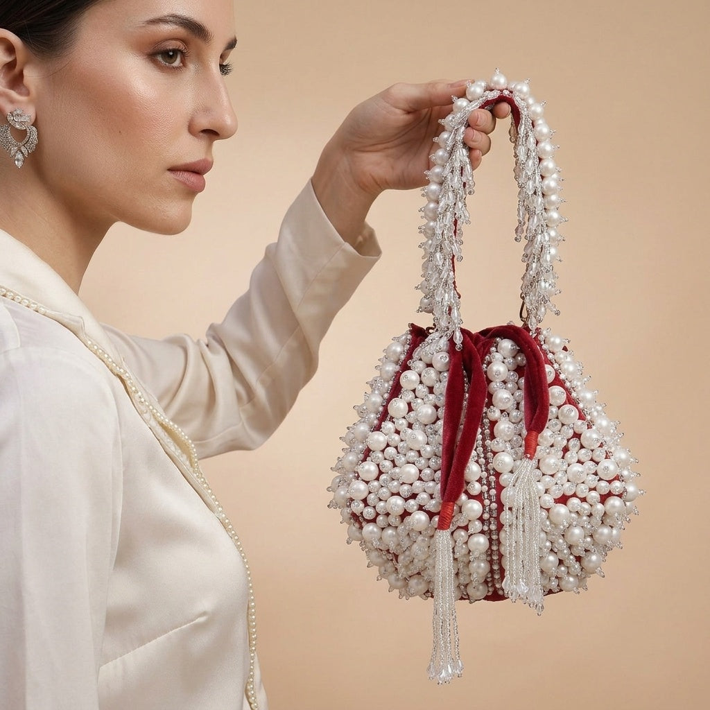 Parveen Red — Velvet Lotus Potli Bag