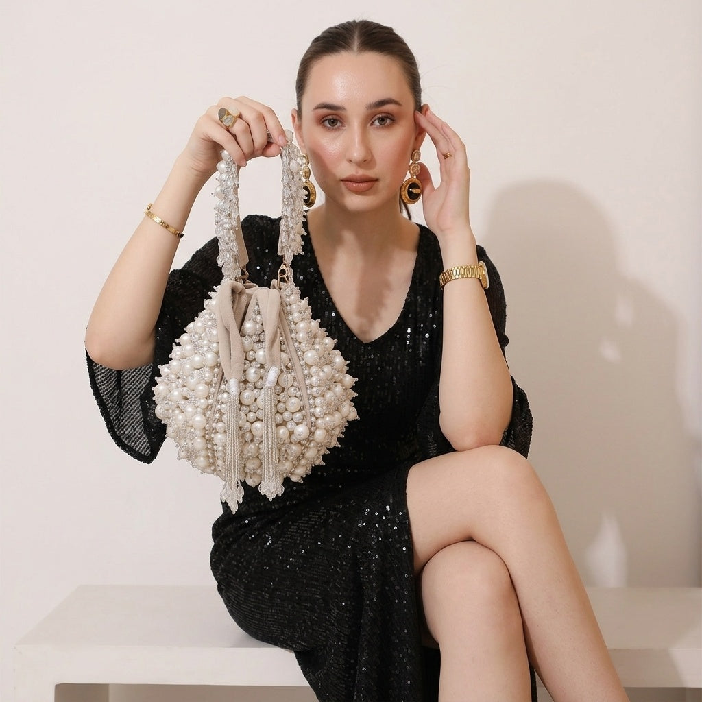 Shaila Beige — Velvet Lotus Potli Bag