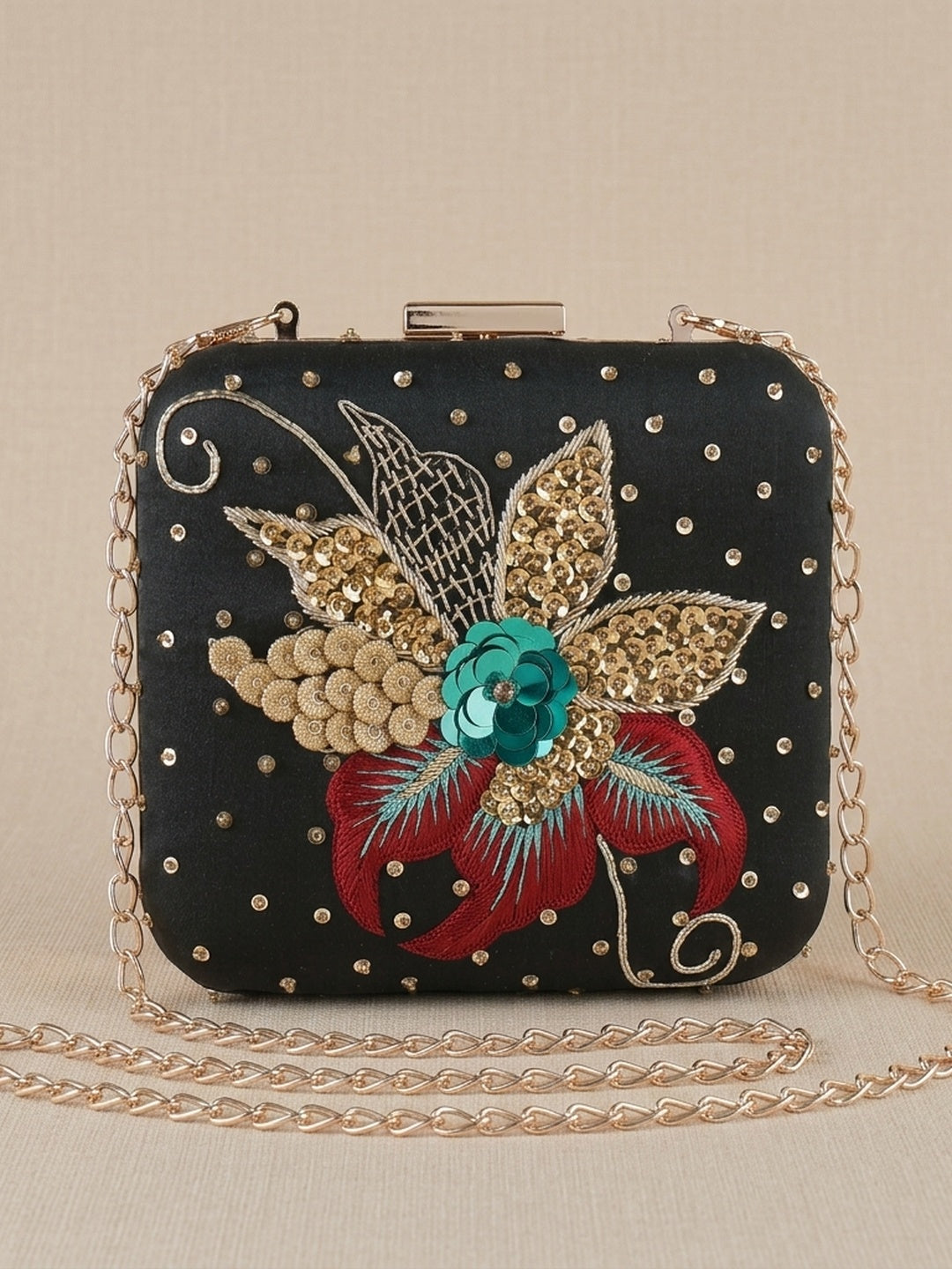 Payal Black — Raw Silk Embroidered Clutch - Front View | SWIS-1053