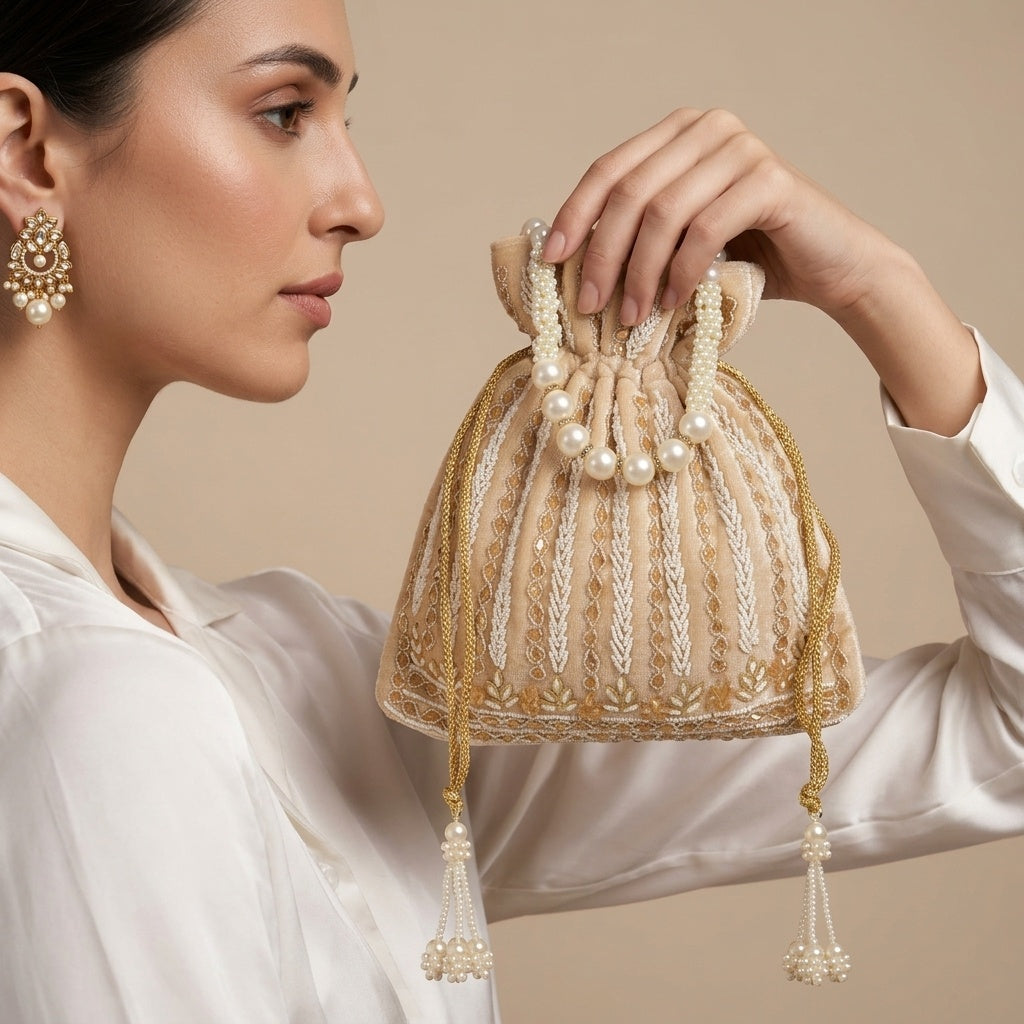 Prerana Golden — Velvet Potli Bag - Front View | SWIS-1082