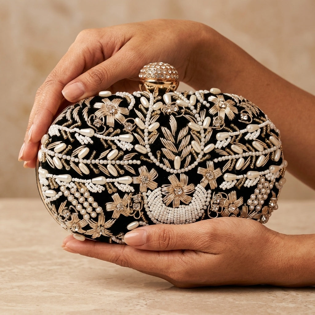 Jasmine Black — Velvet Embroidered Clutch