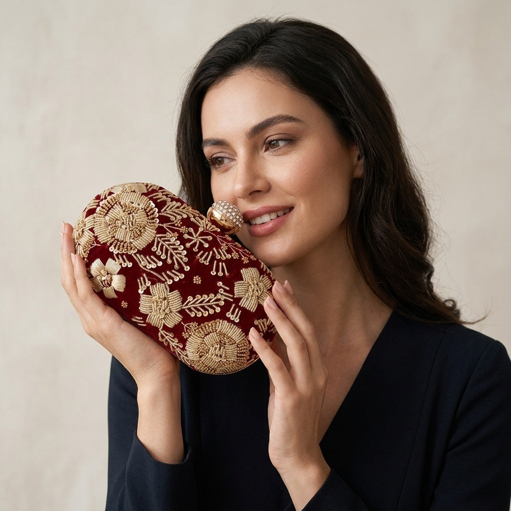 Netra Maroon — Velvet Embroidered Clutch