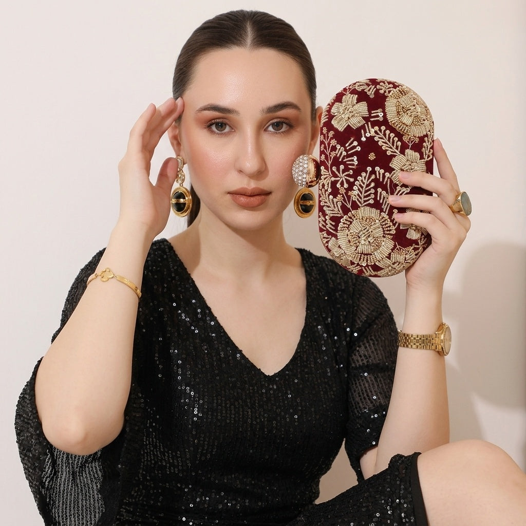 Netra Maroon — Velvet Embroidered Clutch