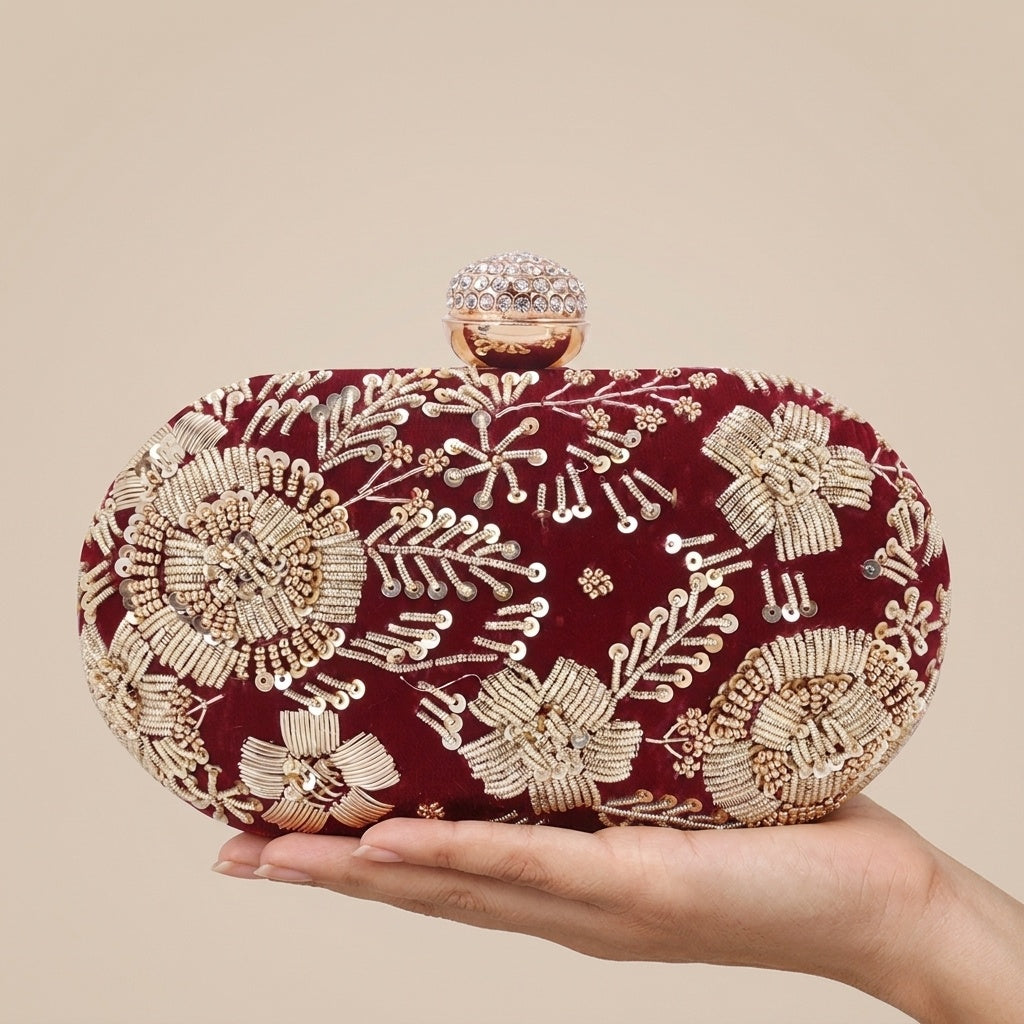 Netra Maroon — Velvet Embroidered Clutch