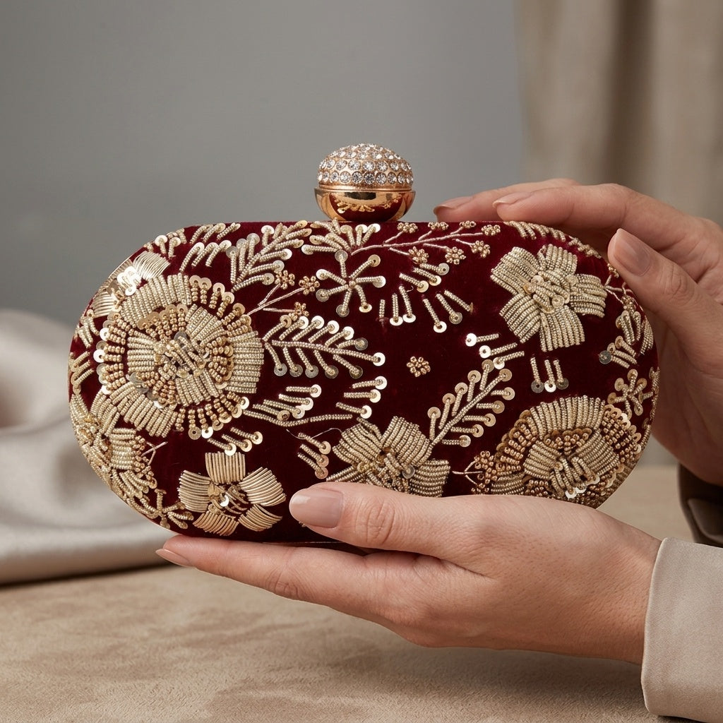 Netra Maroon — Velvet Embroidered Clutch
