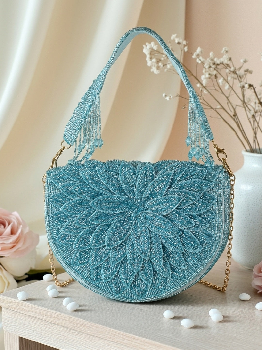 Prabha Blue — Raw Silk Flap Bag - Front View | SWIS-1171