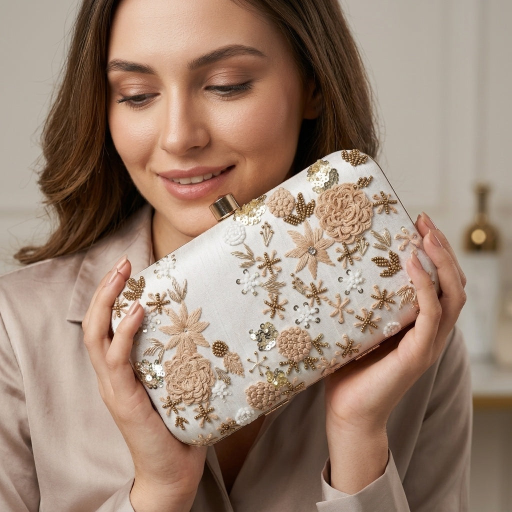 Kanchan White — Raw Silk Embroidered Clutch