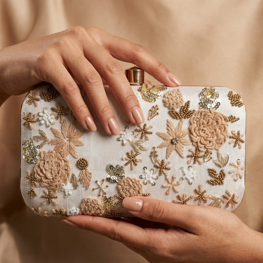 Kanchan White — Raw Silk Embroidered Clutch