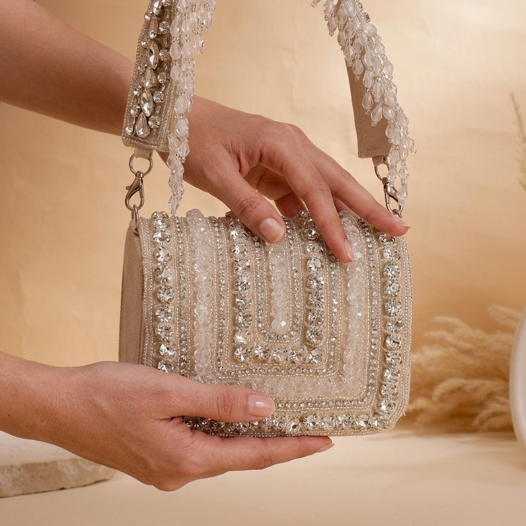 Savitri Beige — Suede Flap Bag - Front View | SWIS-1237