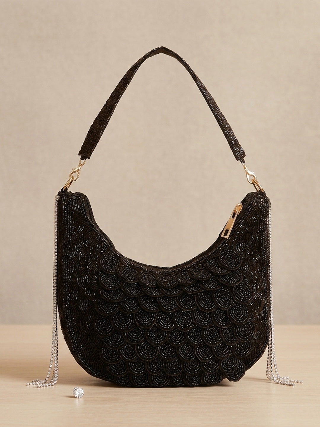 Elina Black — Raw Silk Half Moon Bag - Front View | SWIS-1249