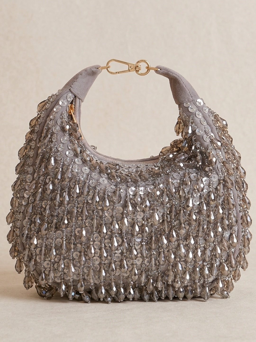 Pritha Grey — Suede Half Moon Bag - Front View | SWIS-1252
