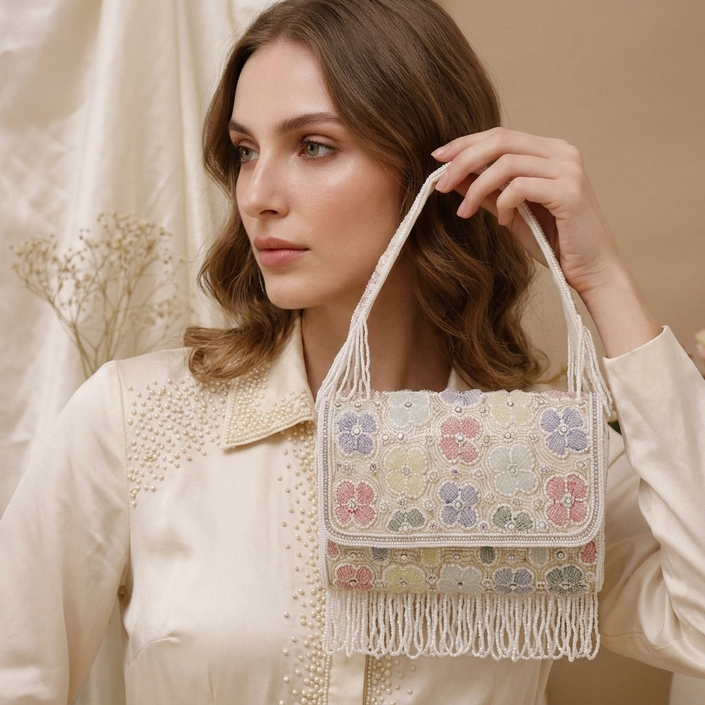 Hina White — Raw Silk Flap Bag - Front View | SWIS-1259