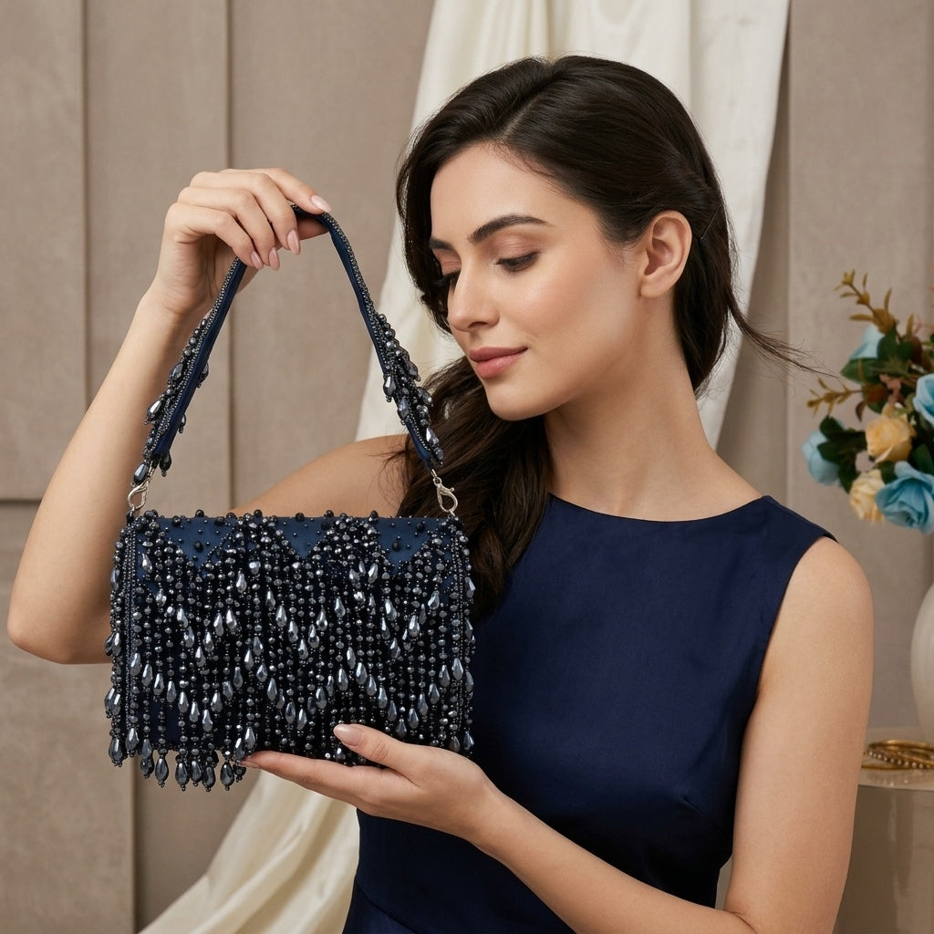 Khadija Navy Blue — Velvet Flap Bag - Front View | SWIS-1260