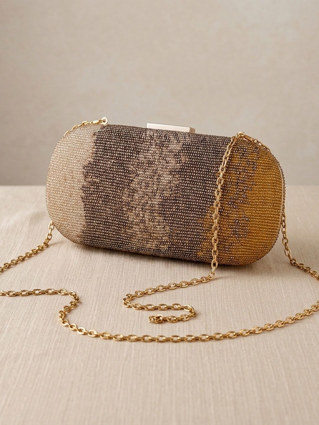 Sumati Golden — Raw Silk Embroidered Clutch - Front View | SWIS-1272