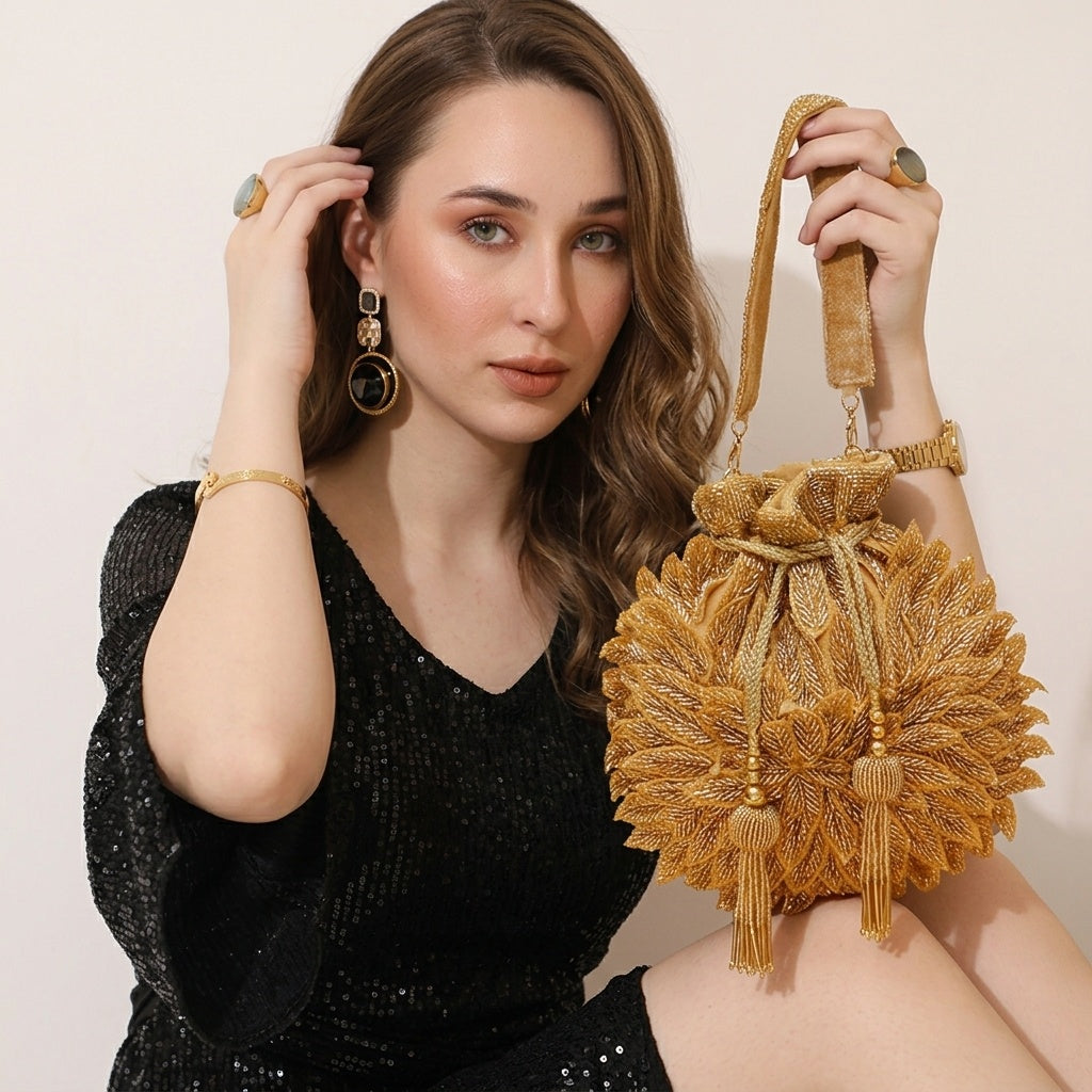 Avani Golden — Raw Silk Potli Bag - Front View | SWIS-1273