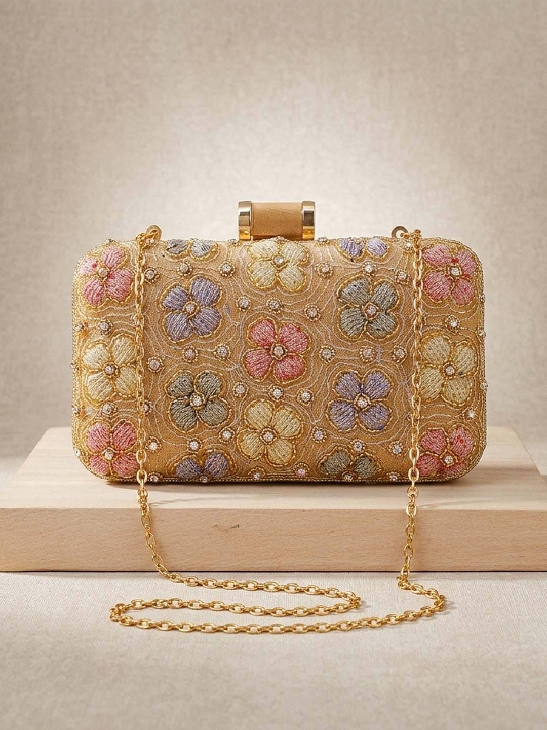 Arzoo Golden — Raw Silk Embroidered Clutch - Front View | SWIS-1274