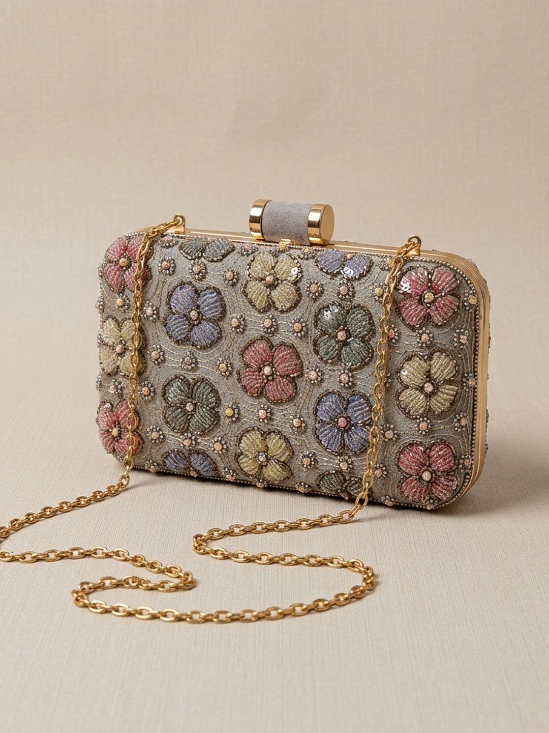 Durdana Grey — Raw Silk Embroidered Clutch - Front View | SWIS-1275