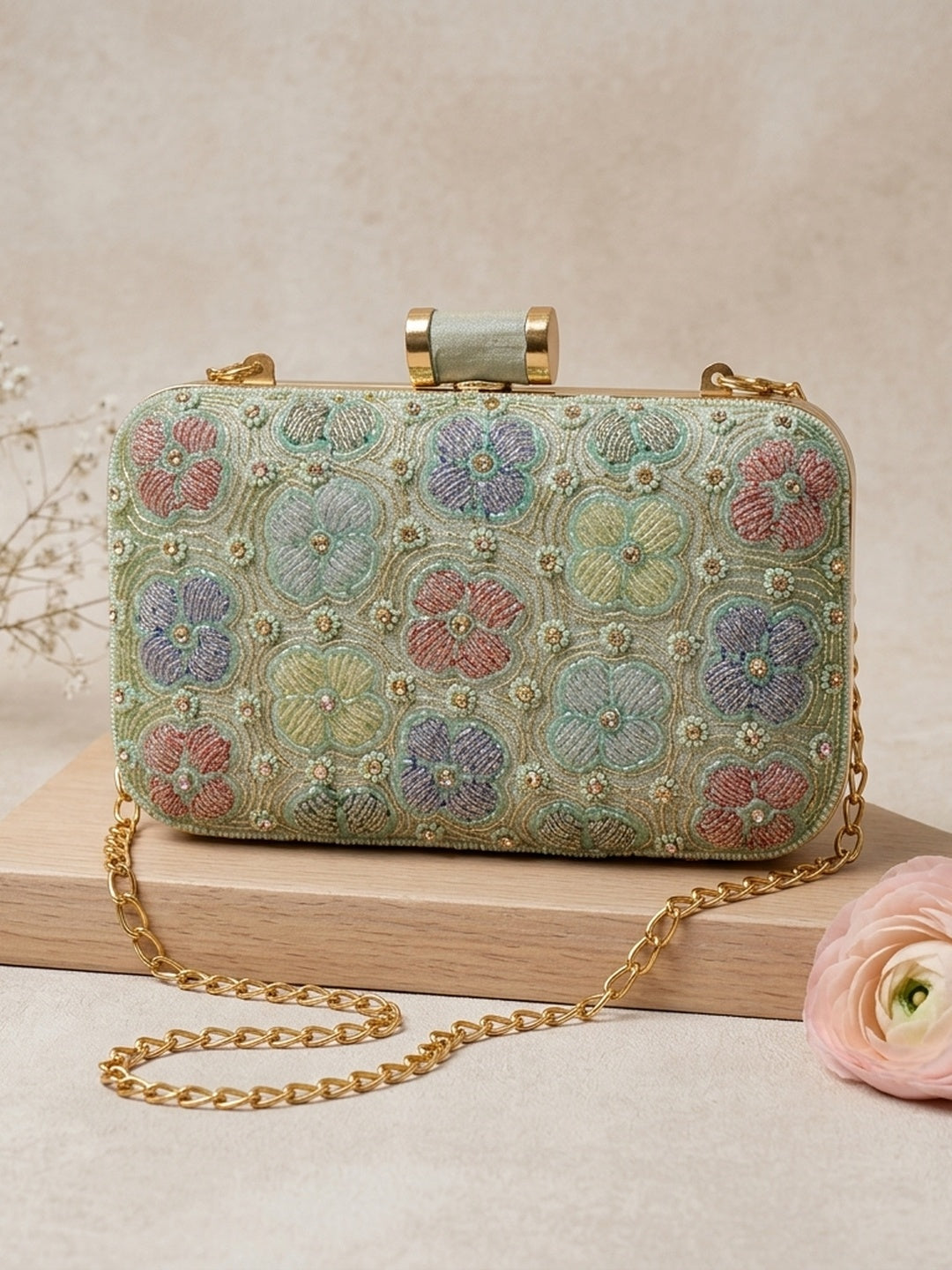 Rehmat Green — Raw Silk Embroidered Clutch - Front View | SWIS-1276