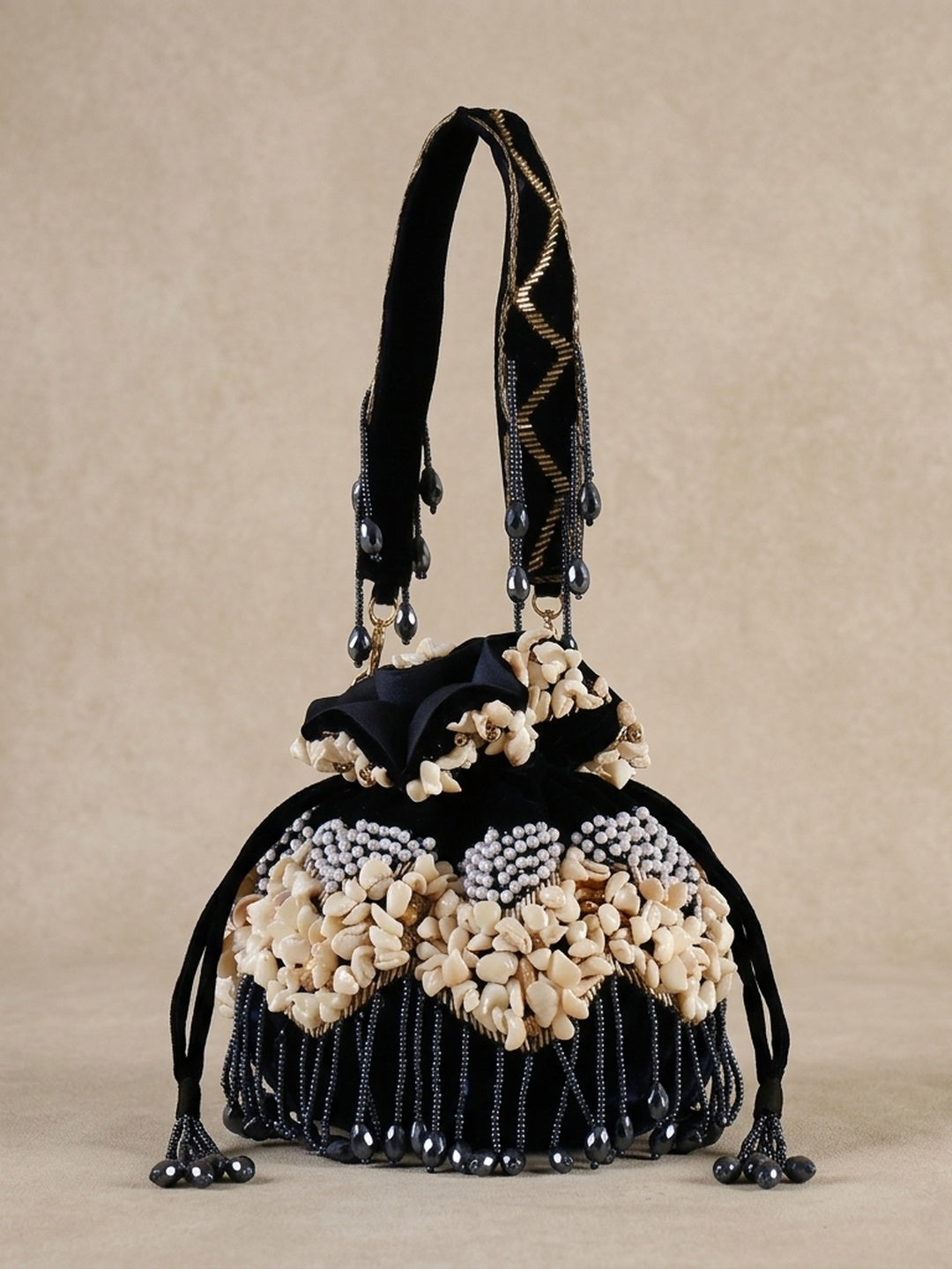 Charulata Navy Blue — Velvet Potli Bag - Front View | SWIS-1282