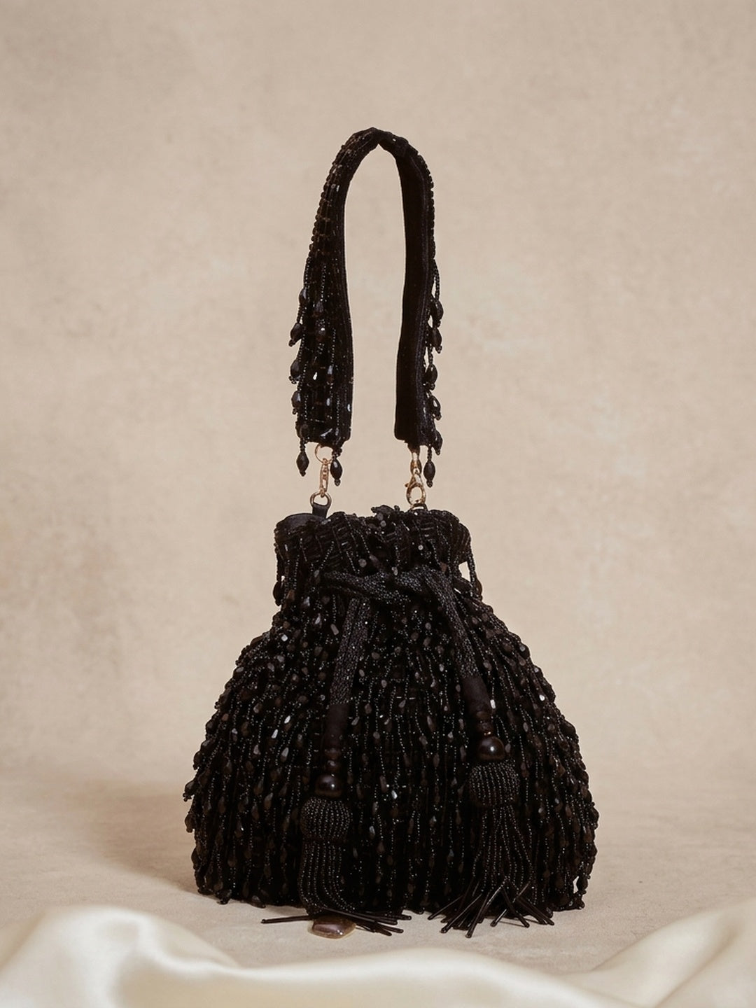 Zehra Black — Velvet Potli Bag - Front View | SWIS-1284