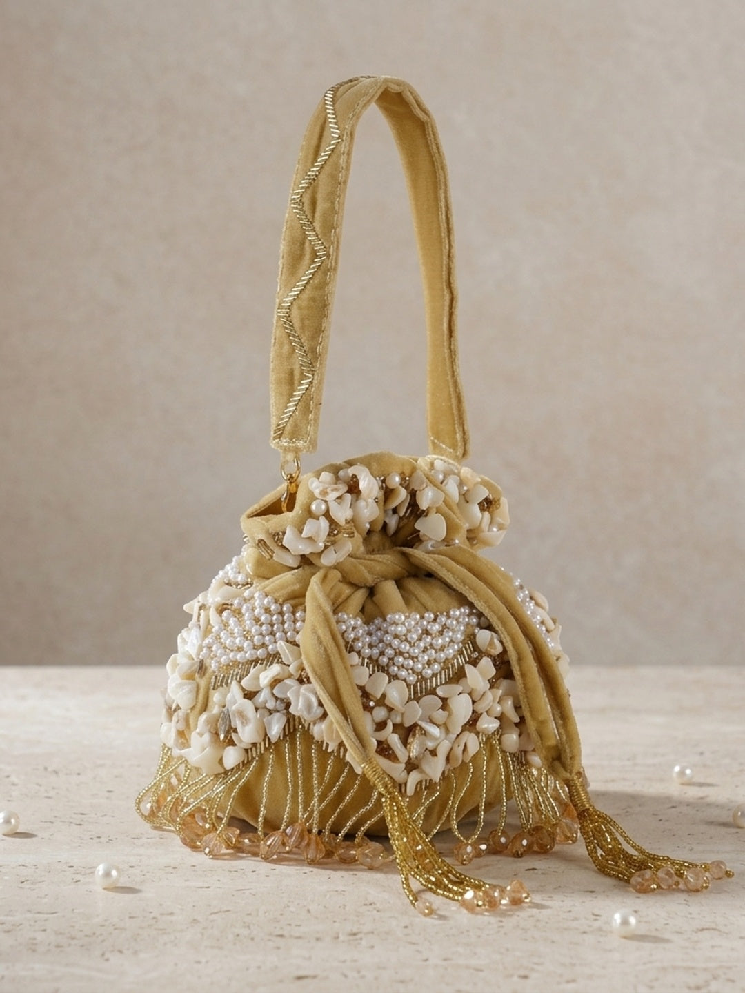 Amrita Golden — Velvet Potli Bag - Front View | SWIS-1286
