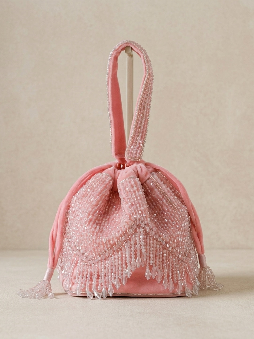 Archita Baby Pink — Velvet Potli Bag - Front View | SWIS-1288