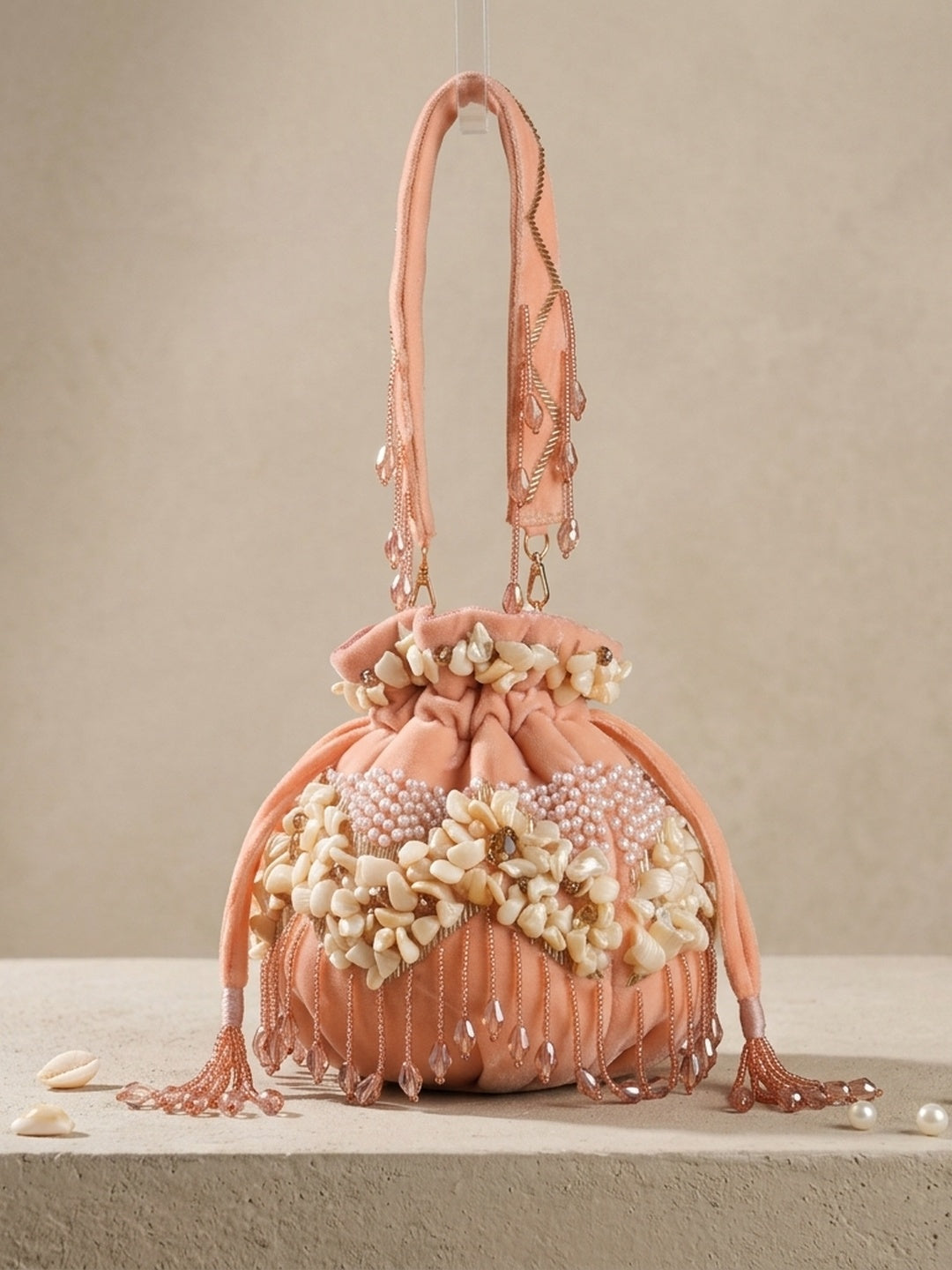 Sahiba Peach — Velvet Potli Bag - Front View | SWIS-1290