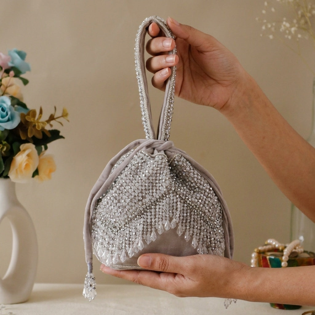 Sneha Grey — Velvet Potli Bag - Front View | SWIS-1292