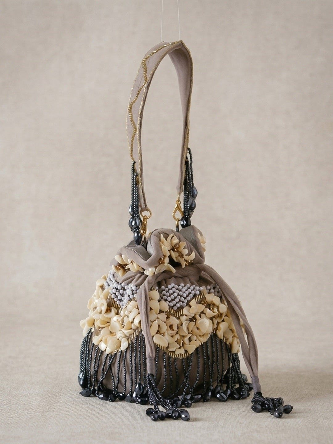Laiba Grey — Velvet Potli Bag - Front View | SWIS-1293