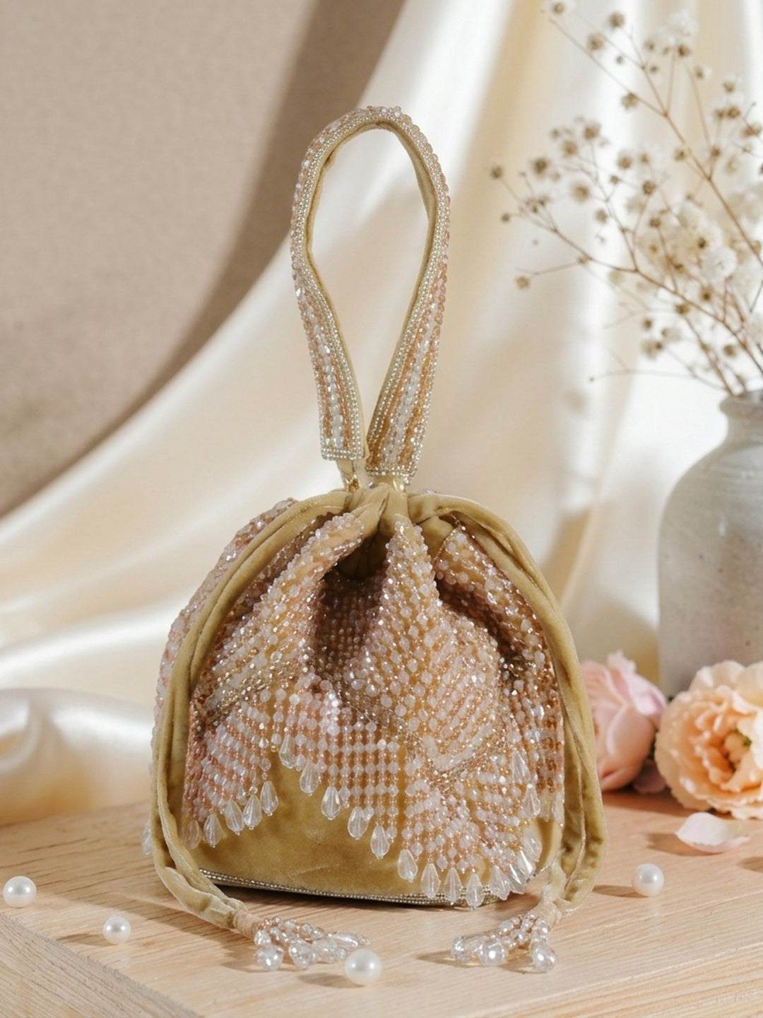 Yasmin Golden Classic — Velvet Potli Bag - Front View | SWIS-1294