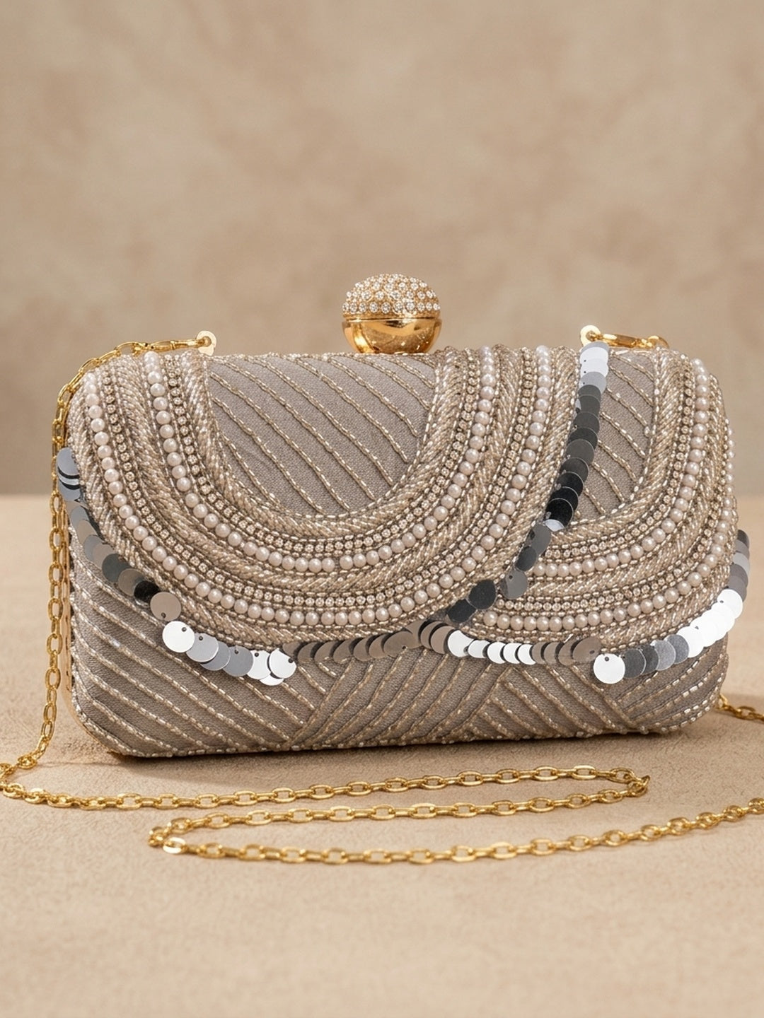 Roopa Grey — Raw Silk Embroidered Clutch - Front View | SWIS-1296
