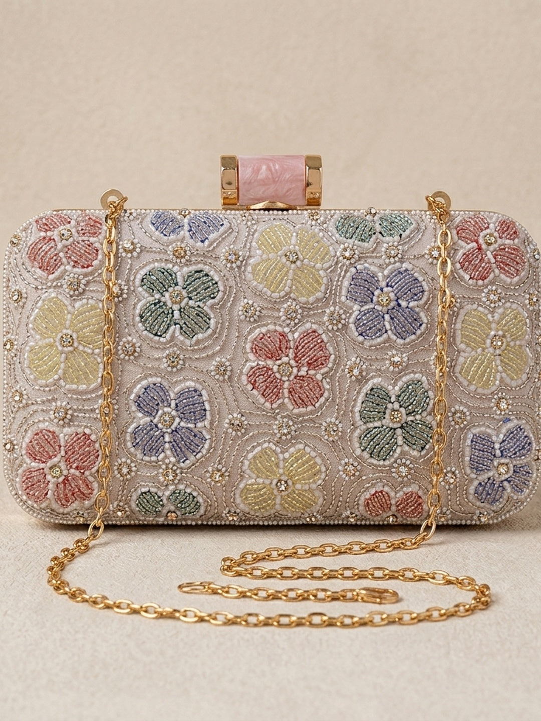 Sanjana White — Raw Silk Embroidered Clutch - Front View | SWIS-1298