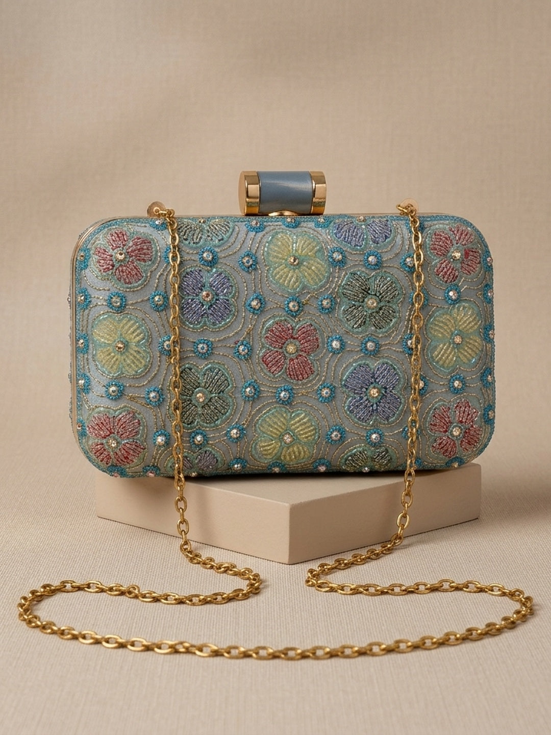 Damayanti Blue — Raw Silk Embroidered Clutch - Front View | SWIS-1299