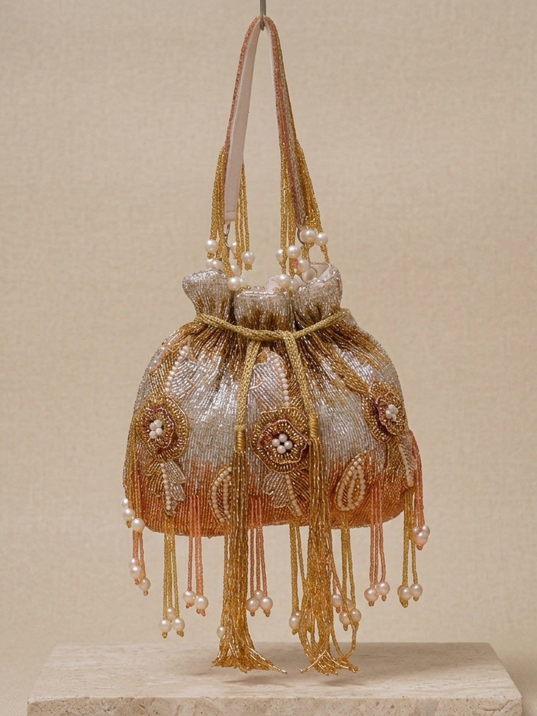 Niharika Golden — Raw Silk Potli Bag - Front View | SWIS-1300