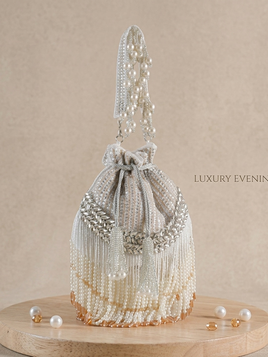 Hoor White — Velvet Potli Bag - Front View | SWIS-1301