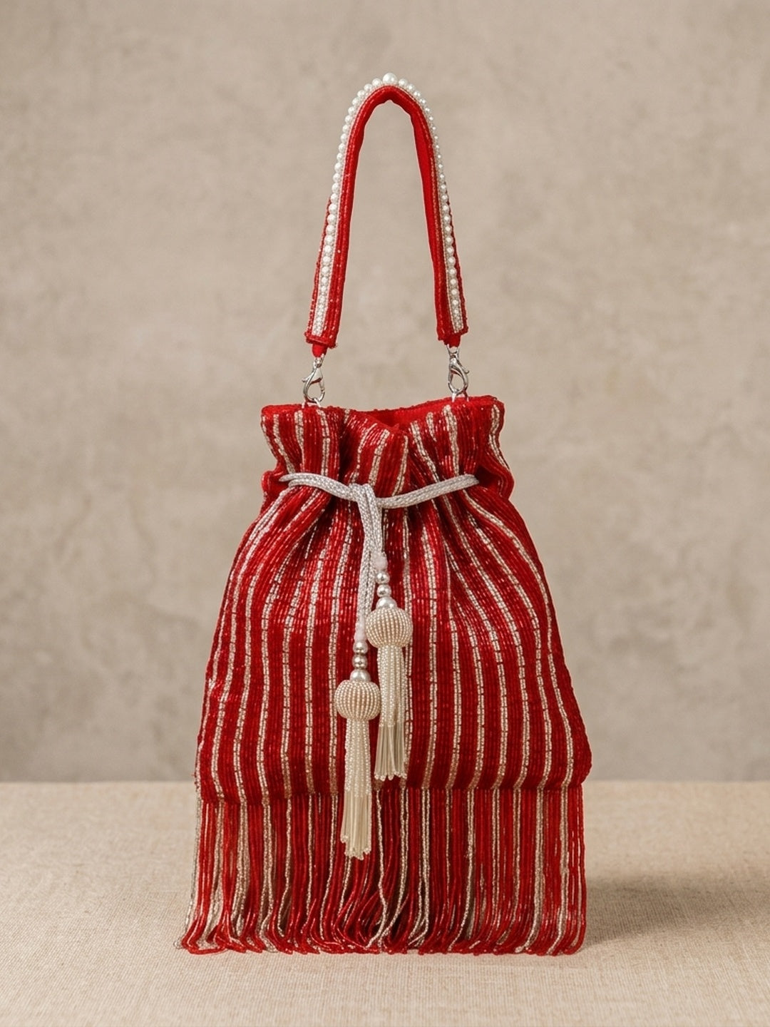 Priyamvada Red — Raw Silk Potli Bag - Front View | SWIS-1302