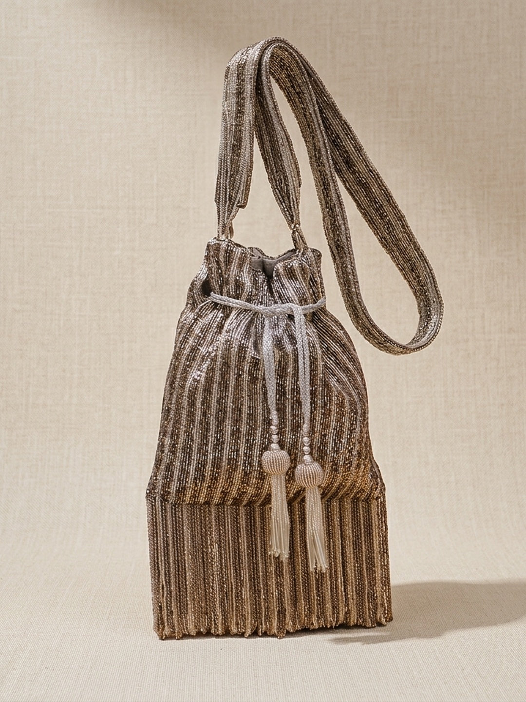 Prerana Grey — Raw Silk Potli Bag - Front View | SWIS-1307