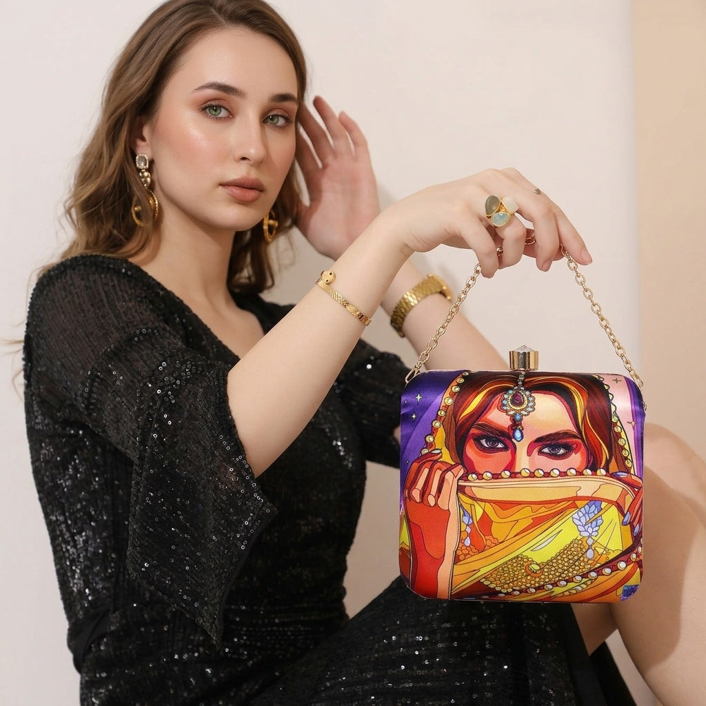 Sadhna Heritage — Satin Printed Clutch - Front View | SWIS-1313