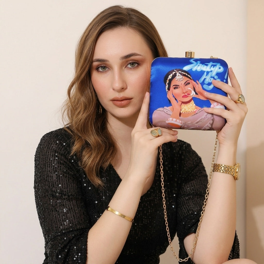 Trilokya — Satin Printed Clutch - Front View | SWIS-1314