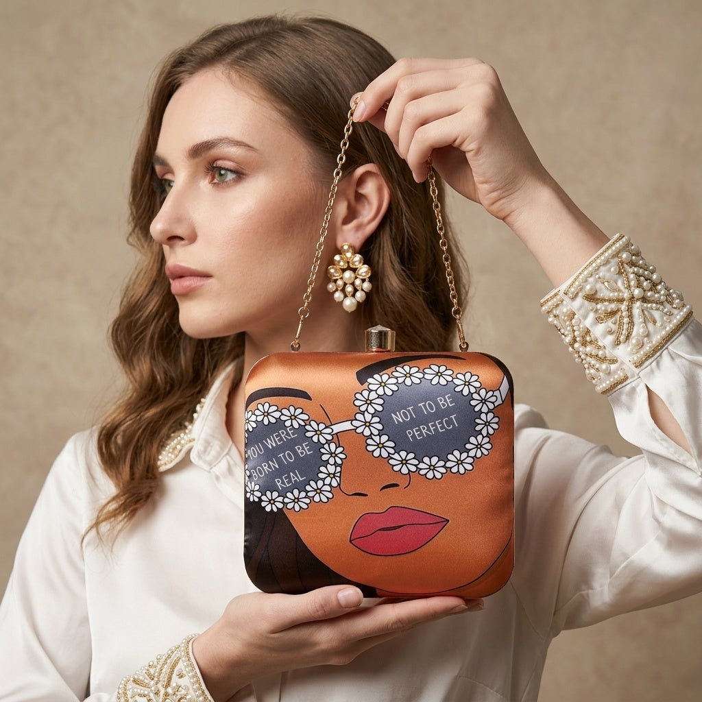 Ishrat — Satin Printed Clutch - Front View | SWIS-1318