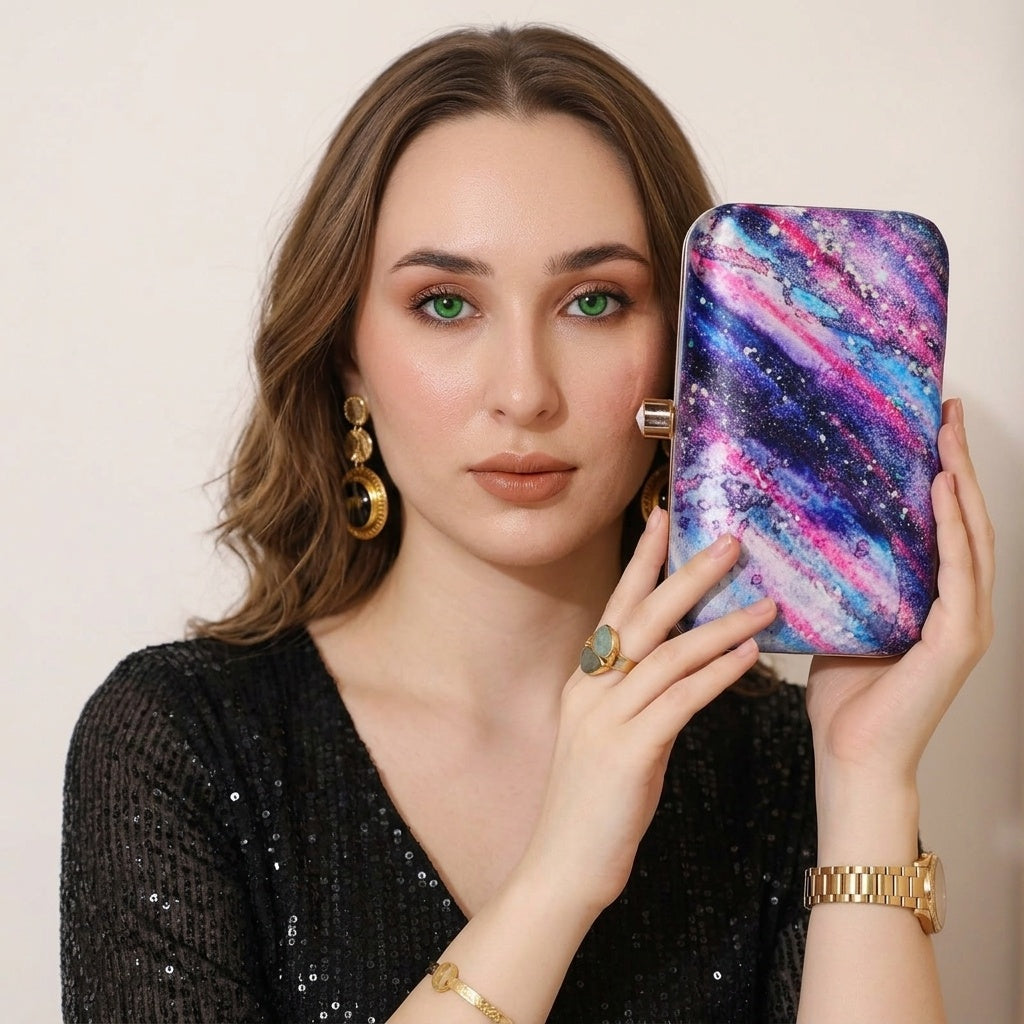 Kimaya Classic — Satin Printed Clutch - Front View | SWIS-1319