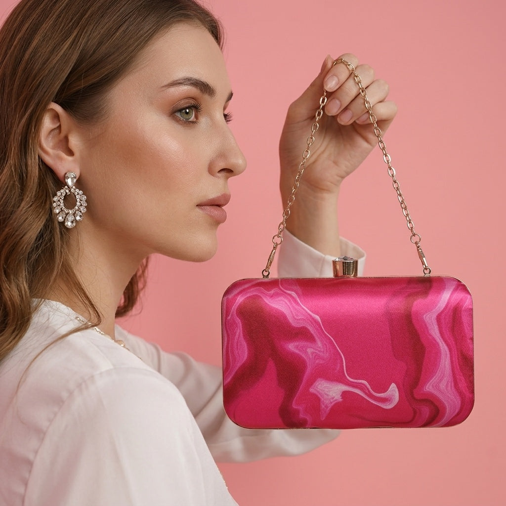 Nimrat Pink — Satin Printed Clutch - Front View | SWIS-1320