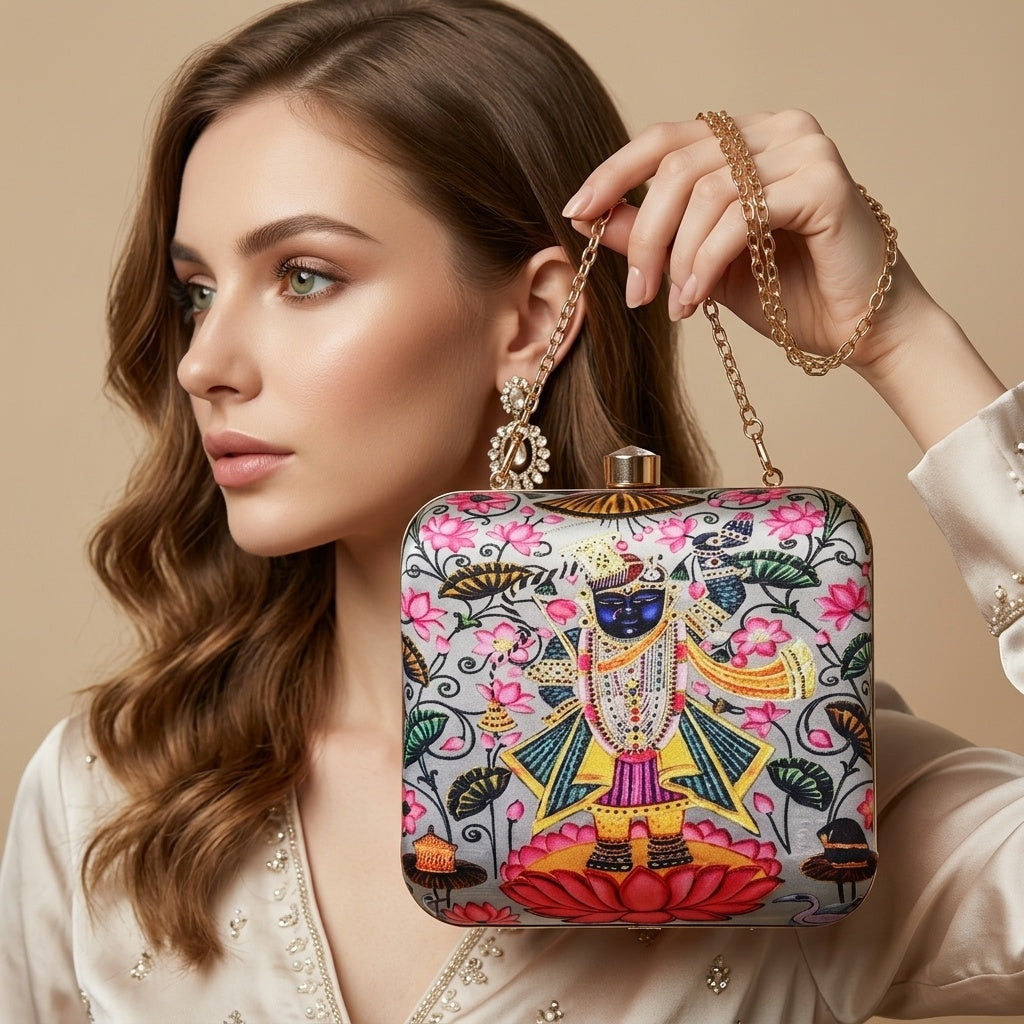 Almas Classic — Satin Printed Clutch - Front View | SWIS-1333
