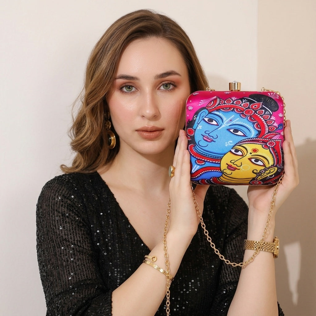 Harleen Heritage — Satin Printed Clutch - Front View | SWIS-1335