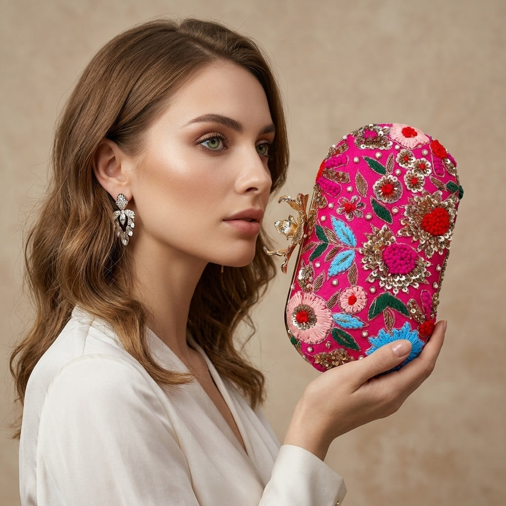 Naina Pink Classic — Raw Silk Embroidered Clutch - Front View | SWIS-1345