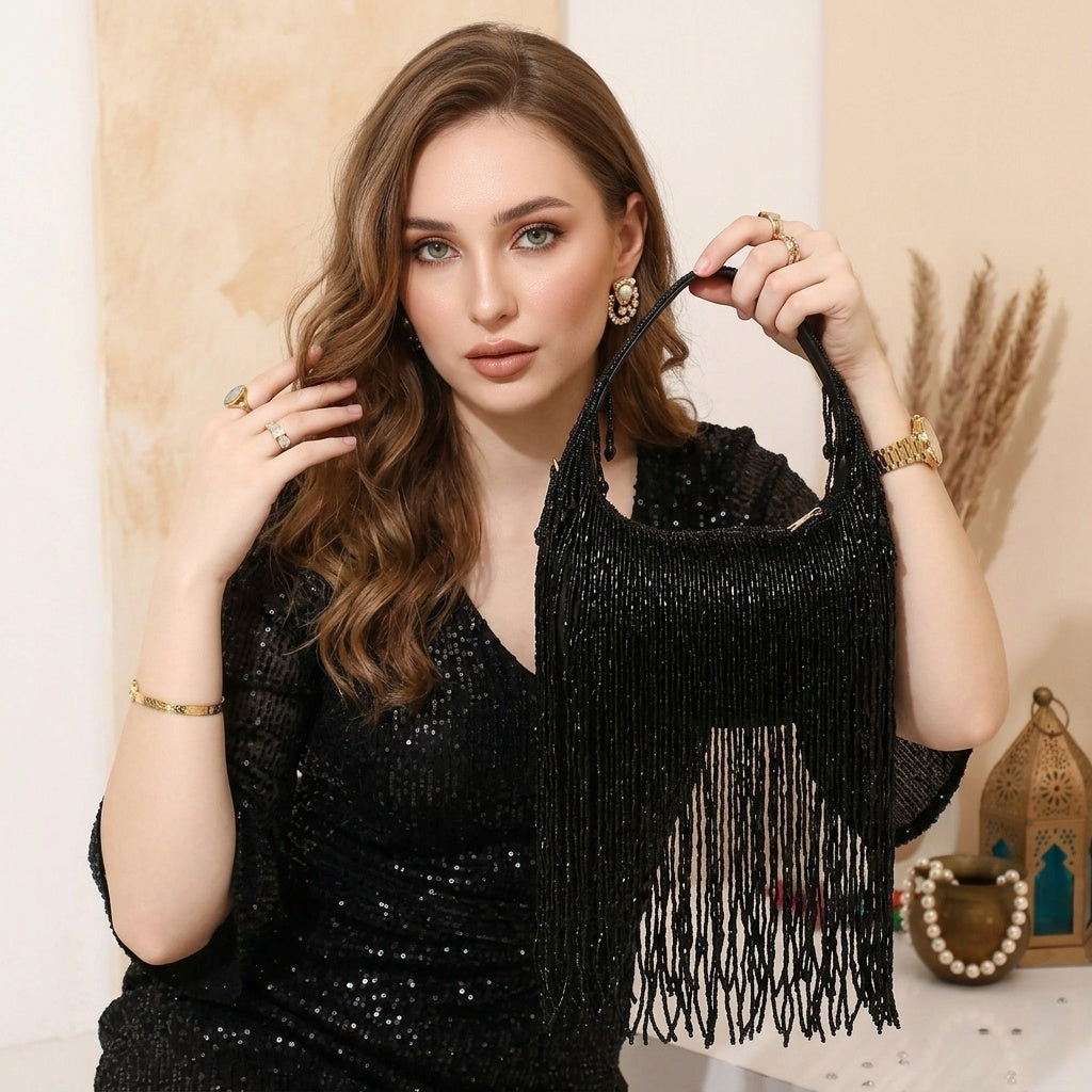Kamini Black — Raw Silk Half Moon Bag - Front View | SWIS-1373