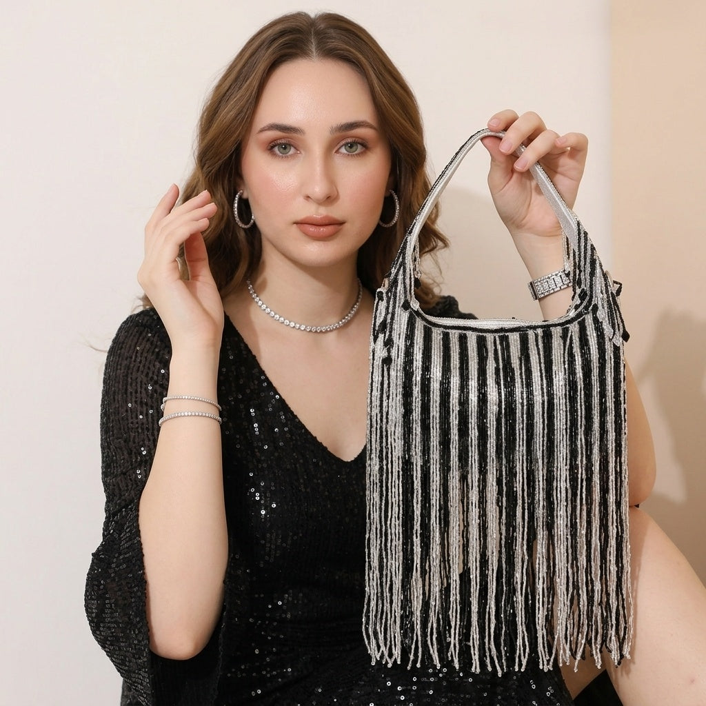 Kalyani Black Classic — Raw Silk Half Moon Bag - Front View | SWIS-1376